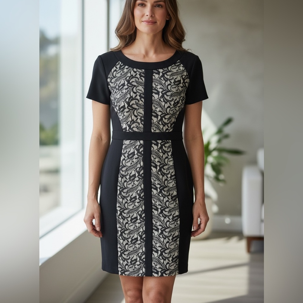 Muse Dress 8 Black Tan Lace Sheath Sexy Career Knee Length Workwear Exposed Zip